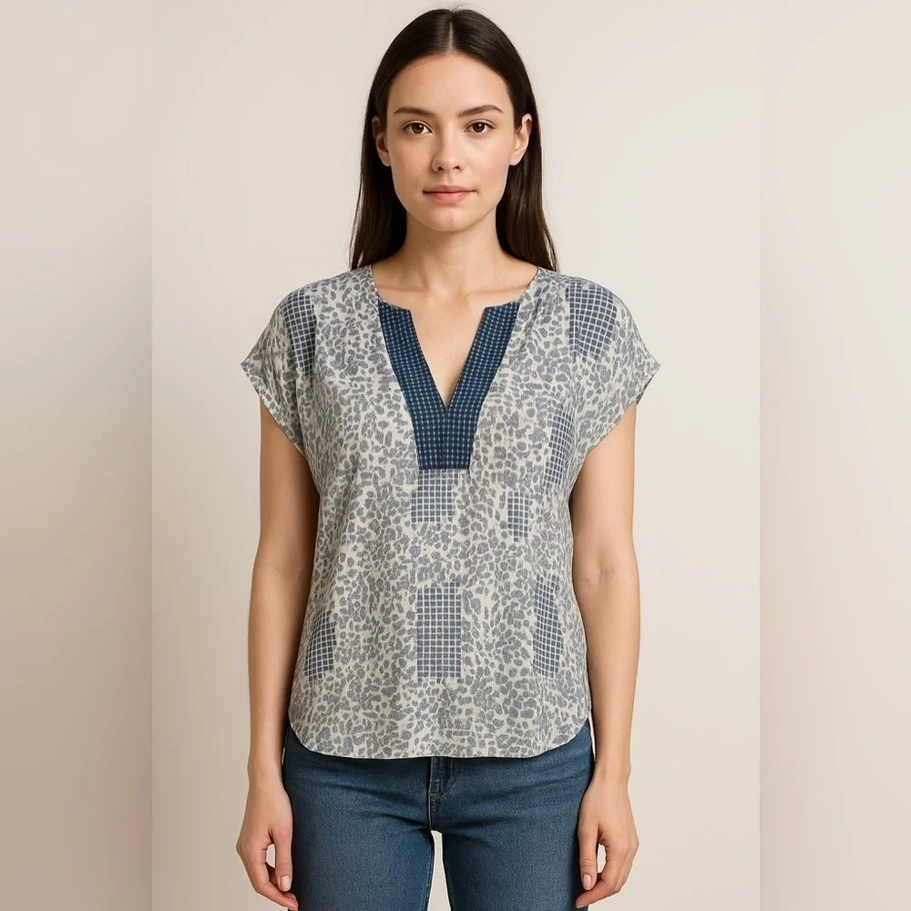 Vintage CaBi Sheer Printed Cap Sleeve Blouse Womens XS Oversized Boxy Tunic